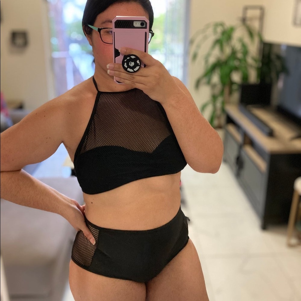 Black fishnet mesh two piece swimsuit